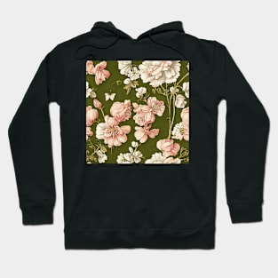 Vintage Floral Light Pink and White Flowers on Olive Green Hoodie